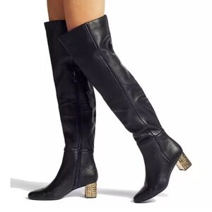 NWT Kurt Geiger Mayfair 55 Black Leather Over the Knee Rhinestone Heel Boot 36 6